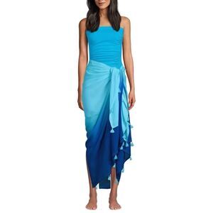 Land’s End bathing suit cover up Scarf Shawl blue Ombré cotton tassels 48 x72